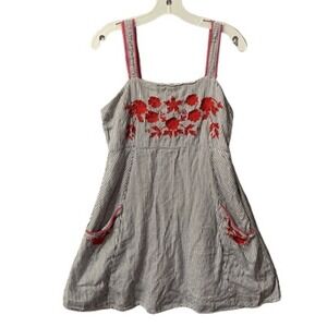 Ariat Women's Dress Small Striped Red Floral Embroidery Smocked Sleeveless Flaw
